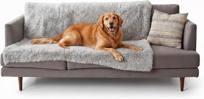 Picture of Furhaven Waterproof Throw Blanket for Dogs & Indoor Cats, Reversible Protective Pet Blanket, Extra Large, Long Faux Fur & Velvet, Mist Gray