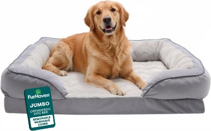 Picture of Furhaven Orthopedic Dog Bed for Large Dogs w/ Removable Bolsters & Washable Cover, For Dogs Up to 95 lbs - Plush & Velvet Waves Perfect Comfort Sofa - Granite Gray, Jumbo/XL