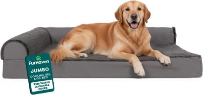 Picture of Furhaven Cooling Gel Dog Bed for Large Dogs w/ Removable Bolsters & Washable Cover, For Dogs Up to 95 lbs - Plush & Velvet L Shaped Chaise - Platinum Gray, Jumbo/XL