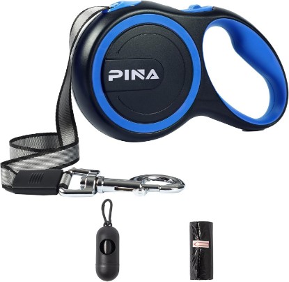 Picture of Pina Retractable Dog Leash, 26ft Dog Leash for Small Medium Large Dogs Up to 110lbs, 360° Tangle-Free Strong Reflective Nylon Tape, with Anti-Slip Handle, One-Handed Brake, Lock - Black Blue