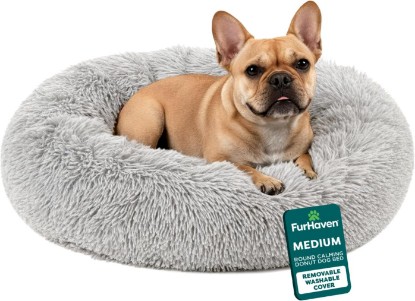 Picture of Furhaven 30" Round Calming Donut Dog Bed for Medium/Small Dogs, Refillable w/ Removable Washable Cover, Up to 45 lbs - Shaggy Plush Long Faux Fur Donut Bed -Mist Gray, Medium,30.0"L x 30.0"W x 10.0"Th