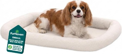 Picture of Furhaven Dog Bed for Small Dogs & Cats, Bolster Crate Pad with Soft Supportive Base for Carriers & Kennels, Machine Washable, Small, Sherpa Fleece, Cream
