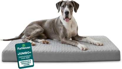 Picture of Furhaven Orthopedic Dog Bed for Large Dogs, Mattress Style Bed, Egg Crate with a solid Orthopedic Foam Base for Joint Support, Washable Cover, Jumbo Plus XXL, Plush Faux Fur & Suede, Gray
