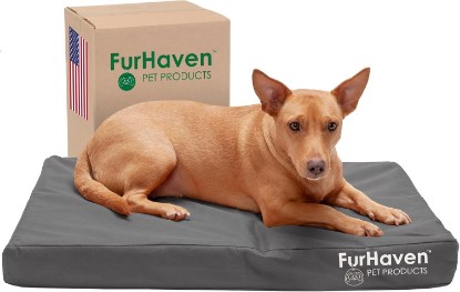 Picture of Furhaven Water-Resistant Orthopedic Dog Bed for Medium/Small Dogs w/ Removable Washable Cover, For Dogs Up to 35 lbs - Indoor/Outdoor Logo Print Oxford Polycanvas Mattress - Stone Gray, Medium