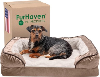 Picture of Furhaven Memory Foam Dog Bed for Medium/Small Dogs w/ Removable Bolsters & Washable Cover, For Dogs Up to 35 lbs - Plush & Velvet Waves Perfect Comfort Sofa - Brownstone, Medium