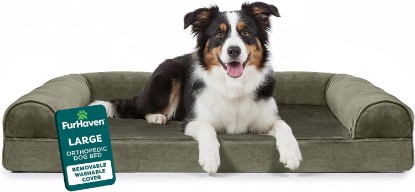 Picture of Furhaven Orthopedic Dog Bed for Large/Medium Dogs w/ Removable Bolsters & Washable Cover, For Dogs Up to 55 lbs - Faux Fur & Velvet Sofa - Dark Sage, Large