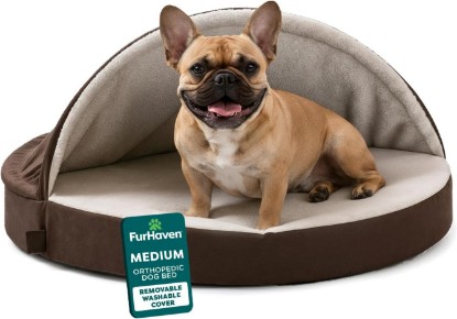 Picture of Furhaven Round Orthopedic Dog Bed for Medium Dogs, Egg Crate with a Solid Orthopedic Foam Base with Attached Blanket Hood and Removable Washable Cover, Medium, Sherpa & Suede Snuggery, Espresso