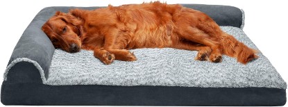 Picture of Furhaven Memory Foam Dog Bed for Large Dogs w/ Removable Bolsters & Washable Cover, For Dogs Up to 95 lbs - Two-Tone Plush Faux Fur & Suede L Shaped Chaise - Stone Gray, Jumbo/XL