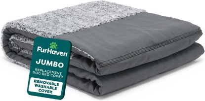 Picture of Furhaven Replacement Dog Bed Cover Two-Tone Faux Fur & Suede L Shaped Chaise, Machine Washable - Stone Gray, Jumbo (X-Large)