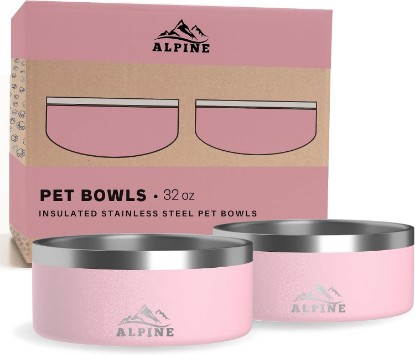Picture of ALPINE Set of 2 Stainless Steel Dog Bowls, Non Slip, Metal Pet Bowl for Food and Water, Double Walled Insulated, Rustproof, Dishwasher Safe- 32 Ounces- Pink (AB)