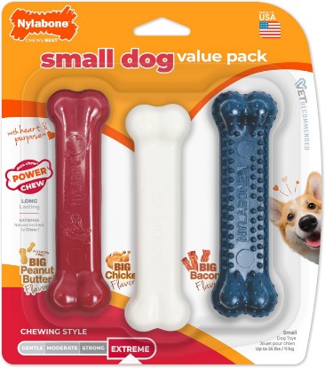Picture of Nylabone Power Chew Original Bone Dog Chew Toys, Small, 3 Count | Peanut butter, chicken, and bacon flavor, durable dog toys for aggressive chewers, helps clean teeth, for dogs up to 25 lbs