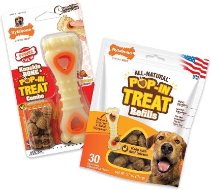 Picture of Nylabone Power Chew Knuckle Bone & Pop-in Dog Treat Toy & 30 Treat Refills | Medium breeds, chicken flavor, all-natural treats, dog enrichment, interactive dog toys to keep them busy, dogs up to 35 lbs