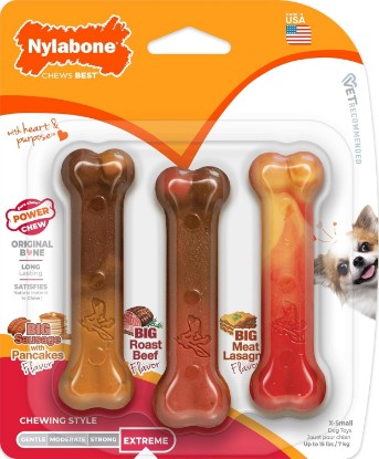 Picture of Nylabone Power Chew Original Bone Dog Chew Toys, X-Small, 3 Count | Pancakes & sausage, roast beef, & meat lasagna flavor, durable, long lasting, flavor throughout, for dogs up to 15 lbs