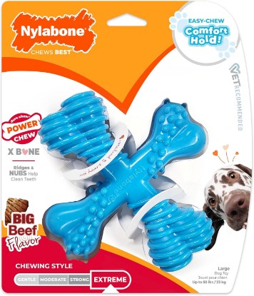 Picture of Nylabone Power Chew Comfort Hold X Bone Dog Chew Toy, Beef Flavor, Large | Large breeds, durable dog toys for dogs up to 50 lbs, teeth-cleaning textures, discourages destructive chewing, long lasting