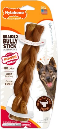 Picture of Nylabone Power Chew Braided Bully Stick Alternative Dog Chew Toy, Large | Bold bully stick flavor, no odor, durable dog toys for aggressive chewers, long lasting, for large dogs up to 50 lbs