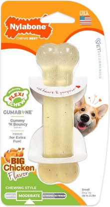 Picture of Nylabone Flexi Chew Gumabone Dog Chew Toy, Chicken Flavor, Small | Dog toys for small dogs up to 25 lbs, flexible material, gentle on teeth, freezable, bouncy, great for seniors
