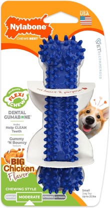 Picture of Nylabone Flexi Chew Dental Gumabone Dog Chew Toy, Chicken Flavor, Small | Dog toys for small dogs up to 25 lbs, teeth-cleaning textures, flexible material, gentle on teeth, great for seniors