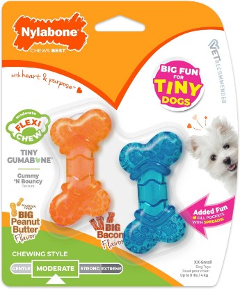 Picture of Nylabone Flexi Chew Tiny Gumabone Dog Chew Toys, XX-Small, 2 Count | Peanut butter & bacon flavor, x-small breeds, flexible material, fill with treats, gentle on teeth, for dogs up to 15 lbs