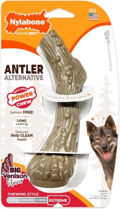 Picture of Nylabone Power Chew Antler Alternative Nylon Chew Toy for Dogs, Dog Toys for Aggressive Chewers, Venison Flavor, Medium/Wolf (1 Count)