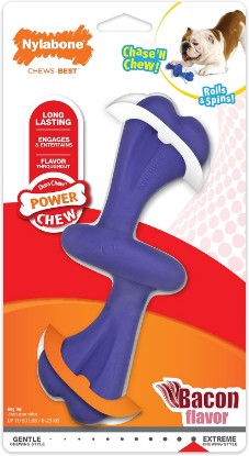Picture of Nylabone Power Chew Rolley Bone Dog Chew Toy, Bacon Flavor, Large | Durable dog toys for aggressive chewers, rolls & spins, long lasting, discourages destructive chewing, for dogs up to 50 lbs