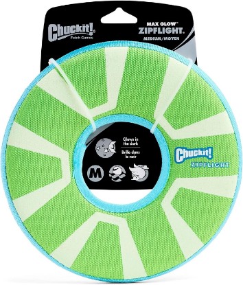 Picture of Chuckit! Max Glow Zipflight Flying Disc Dog Toy, Floats, Medium, 8.5in | Water-Floating Flyer Made with Durable Polyester Construction for Beach and Pool Play; Sized for Medium and Large Dogs