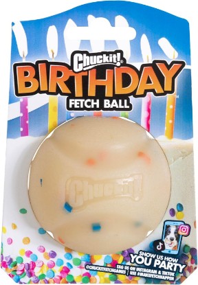 Picture of Chuckit! Birthday Fetch Ball, Medium 2.5in, for Dogs 20-60lbs | Made of Natural Rubber with a Fierce Bounce, This Rugged Ball Withstands Rough Play and Fits Medium Chuckit! Launchers