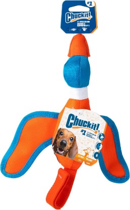 Picture of Chuckit! Flying Duck Fetch Slingshot Dog Toy, Orange & Blue – Crinkle Fabric Duck for Outdoor Fetch, Small to Medium Dogs Up to 60 lb – High‑Flight Slingshot Design, Durable Construction – Pack of 1