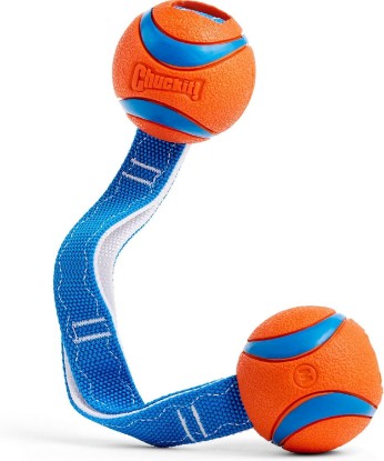 Picture of Chuckit! Ultra Duo Tug Dog Toy, Medium 2.5in, Orange and Blue, 20-60lbs | Two Ultra Balls on a Durable Nylon Cord Handle for Fetch and Tug-of-War Play; Made for Breeds 20-60 lbs, in Orange and Blue