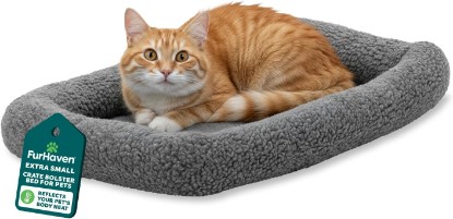 Picture of Furhaven Dog Bed for Extra Small Dogs & Cats, Bolster Crate Pad with Soft Supportive Base for Carriers & Kennels, Machine Washable, Extra Small, Sherpa Fleece, Gray