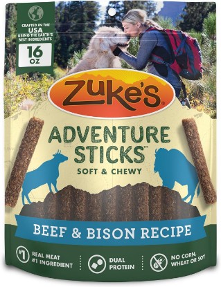 Picture of Zuke's Adventure Sticks Natural Dog Treats, Beef & Bison, 16 oz Pouch | Real meat dog treat sticks, soft and chewy, real beef as the first ingredient, great for rewarding or snacks on the go