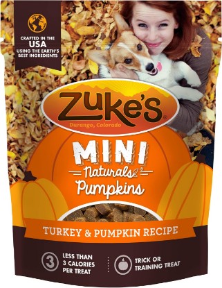 Picture of Zuke's Mini Naturals Dog Training Treats, Pumpkin Shaped, 5 oz Pouch | Turkey & Pumpkin Recipe, natural dog treats with real turkey, soft and chewy bites, in a resealable pouch, made in the USA