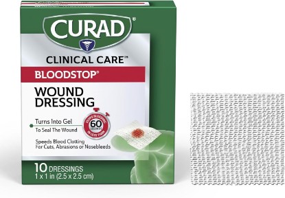 Picture of Curad BloodStop® Wound Dressing | 1” x 1” | Hemostatic Gauze Helps Stop Bleeding Quickly | For Cuts, Abrasions or Nosebleeds | 10 Count | Hemostatic Gauze Helps Stop Bleeding Quickly, For Cuts, Abrasions or Nosebleeds, 100% Natural Cellulose