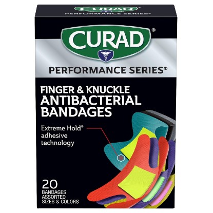 Picture of Curad Performance Series Fingertip and Knuckle Antibacterial Bandages, Extreme Hold Adhesive Technology, Fabric Bandages, 20 Count
