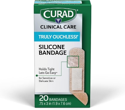 Picture of Curad Truly Ouchless!® Silicone Bandages, .75" x 3", For Sensitive or Delicate Skin, Flexible Fabric, Protects Scrapes, Cuts & Burns, 20 Count