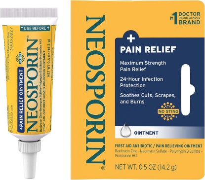 Picture of Neosporin Pain Relief Dual Action Triple Antibiotic Ointment, 0.5 oz | 24-Hour Infection Protection, First Aid Topical Analgesic for Minor Cuts, Scrapes & Burns, Maximum Strength Pain Relief GreenCircle Sustainable Energy Practices