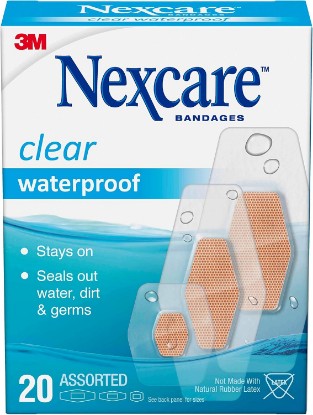 Picture of Nexcare Waterproof Clear Bandages, Covers And Protects, Designed To Stay On In Wet Conditions And Keep The Water Out, Assorted Sizes, 20 Count [Amazon-developed Certification] Compact by Design