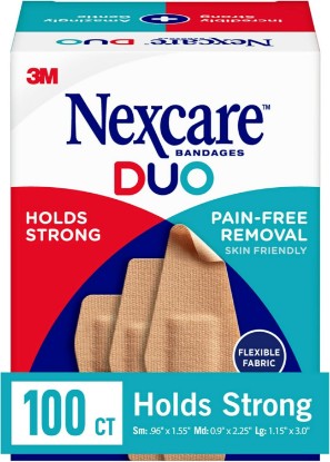 Picture of Nexcare Duo Bandages, Painless Removal, Strong Adhesive Bandages Stay on for 24 Hours, Flexible Fabric Construction, 100 Count