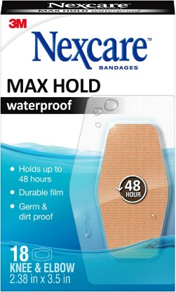 Picture of Nexcare Max Hold Waterproof Bandages, Comfortable, Low-Profile Film Fits Close To The Skin, Knee & Elbow, 2.38 x 3.5 in, 18, 1.0 Count, 0.05 kilograms