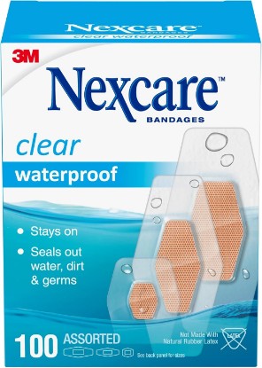 Picture of Nexcare Waterproof Clear Bandages, Covers and Protects, 360 Degree Seal Around The Pad Offers Exceptional Protection Against Water, Dirt, and Germs, Assorted Sizes, 100 Count [Amazon-developed Certification] Compact by Design