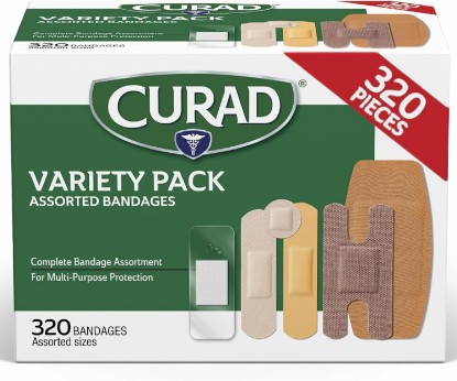 Picture of CURAD Assorted Bandages Bulk Variety Pack / 320 Count /5 Styles Including Waterproof, Sheer, Plastic, Heavy Duty & Flex-Fabric / First Aid Kit Essentials / Protects Scrapes, Cuts & Burns