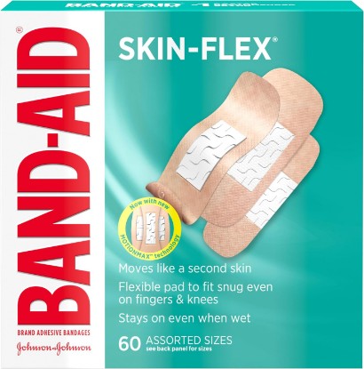 Picture of BAND-AID Brand Skin-Flex Adhesive Bandages, Assorted Sizes, 60 Count | Flexible Protection, Sterile Wound Care for Minor Cuts, Scrapes & Burns, First Aid Kit Essential, For Fingers, Hands & Knees [Amazon-developed Certification] Compact by Design