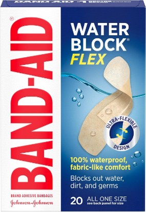 Picture of BAND-AID Brand Water Block Flex Adhesive Bandages, All One Size, 20 Count | 100% Waterproof Protection, Sterile Wound Care for Minor Cuts, Scrapes & Burns, For First Aid Kits, Ultra-Flexible Design [Amazon-developed Certification] Compact by Design