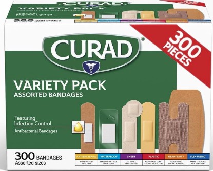 Picture of CURAD Assorted Bandages Variety Pack, 300 Count, 6 Styles Including Antibacterial, Waterproof, Sheer, Plastic, Heavy Duty & Flex-Fabric, Protects Scrapes, Cuts & Burns, Latex-Free