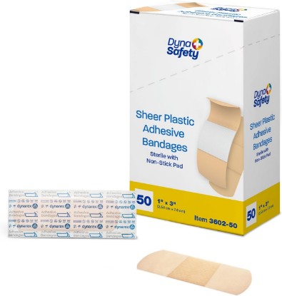 Picture of Dynarex Sheer Plastic Adhesive Bandages Water-Resistant and Sterile Non-Stick Pad First Aid Covers Minor Cuts Scratches - 1" x 3", 1 Box of 50 [Amazon-developed Certification] Compact by Design