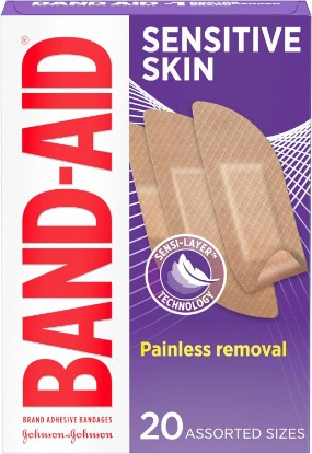 Picture of BAND-AID Brand Adhesive Bandages for Sensitive Skin, Assorted Sizes, 20 Ct | Hypoallergenic with Painless Removal, Sterile Wound Care for Minor Wounds, For First Aid Kits, Suitable on Eczema Prone Skin [Amazon-developed Certification] Compact by Design