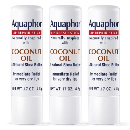 Picture of Aquaphor Naturally Inspired Lip Repair Stick with Coconut Oil, 3 x 0.17 OZ | Coconut Oil Lip Balm with Shea Butter Immediately Relieves Dryness, Dye, Preservative and Fragrance Free