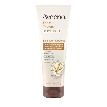 Picture of Aveeno Tone + Texture Renewing Body Scrub, Fragrance Free, 8 oz | For Sensitive Skin, Exfoliating Body Wash, Reveal Smoother Skin & More Even Skin Tone, Prebiotic Oat