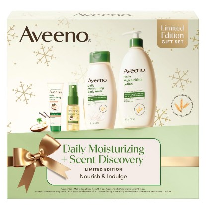 Picture of Aveeno Body Daily Moisturizing Scent Discovery Limited Edition Gift Set | Body Lotion & Body Wash, Travel Size Cocoa Butter Vanilla Lotion & Oil Mist Spray, full-size favorites & travel essentials