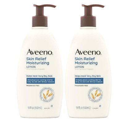 Picture of Aveeno Skin Relief Moisturizing Lotion for Very Dry Skin with Soothing Triple Oat & Shea Butter, Dimethicone Skin Protectant Helps Heal Dry Skin, Fragrance-Free, Twin Pack, 18 fl. oz, 2 Pack