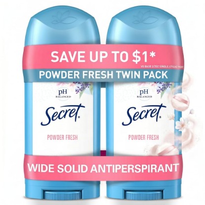 Picture of Secret Antiperspirant and Deodorant for Women, 24hr Sweat & Odor Protection, PH Balanced Protection, Gentle on Skin, Wide Solid, Powder Fresh Scent, 2.7 oz (Pack of 2)